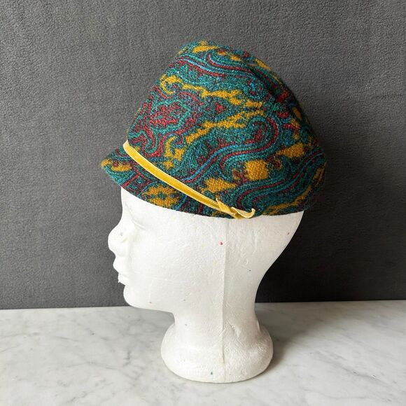 Vintage 60s Paisley Cloche Hat Teal Red Yellow Velvet Ribbon Retro Mod Style - Picture 5 of 7